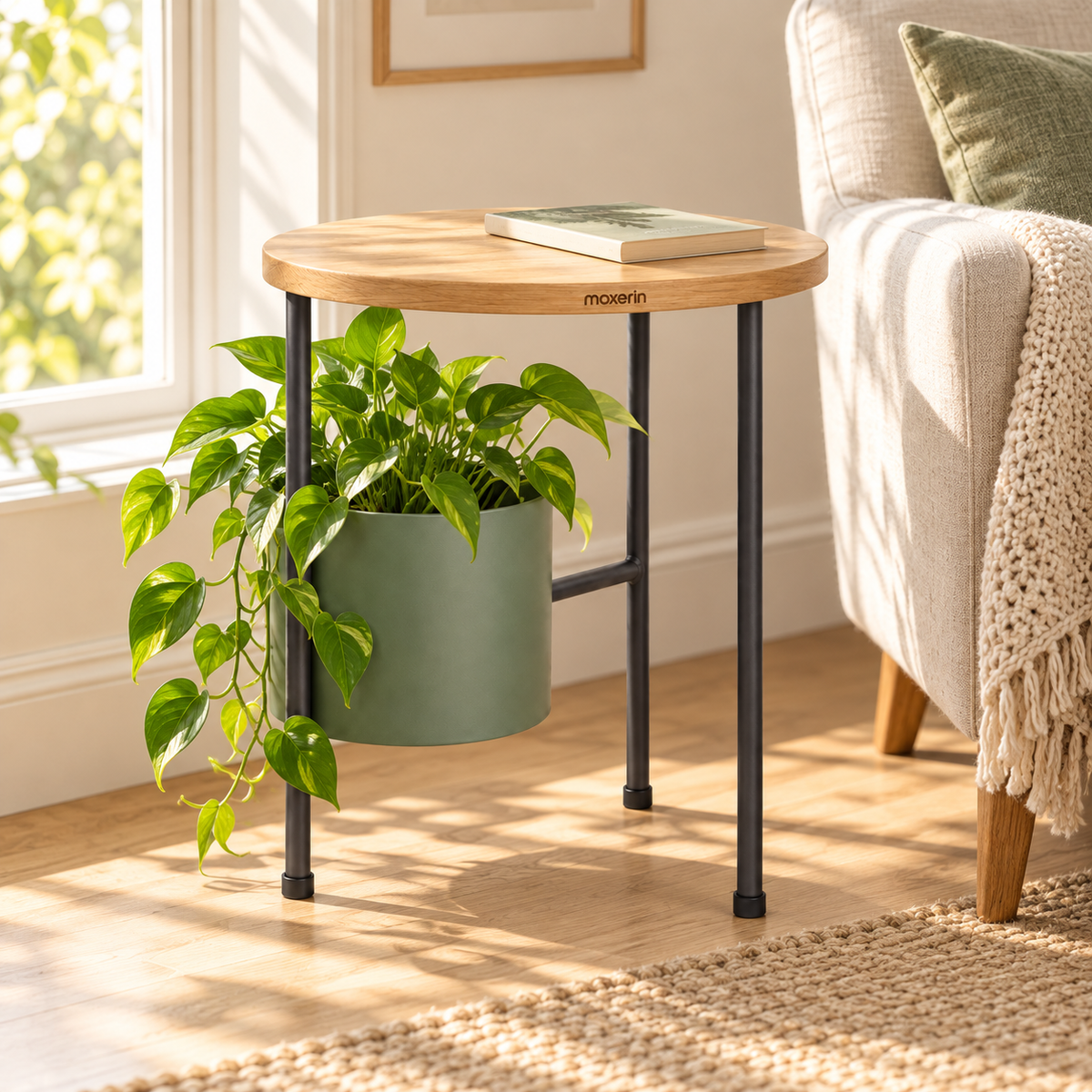 Moxerin Leafline Side Table with Integrated Plant Holder